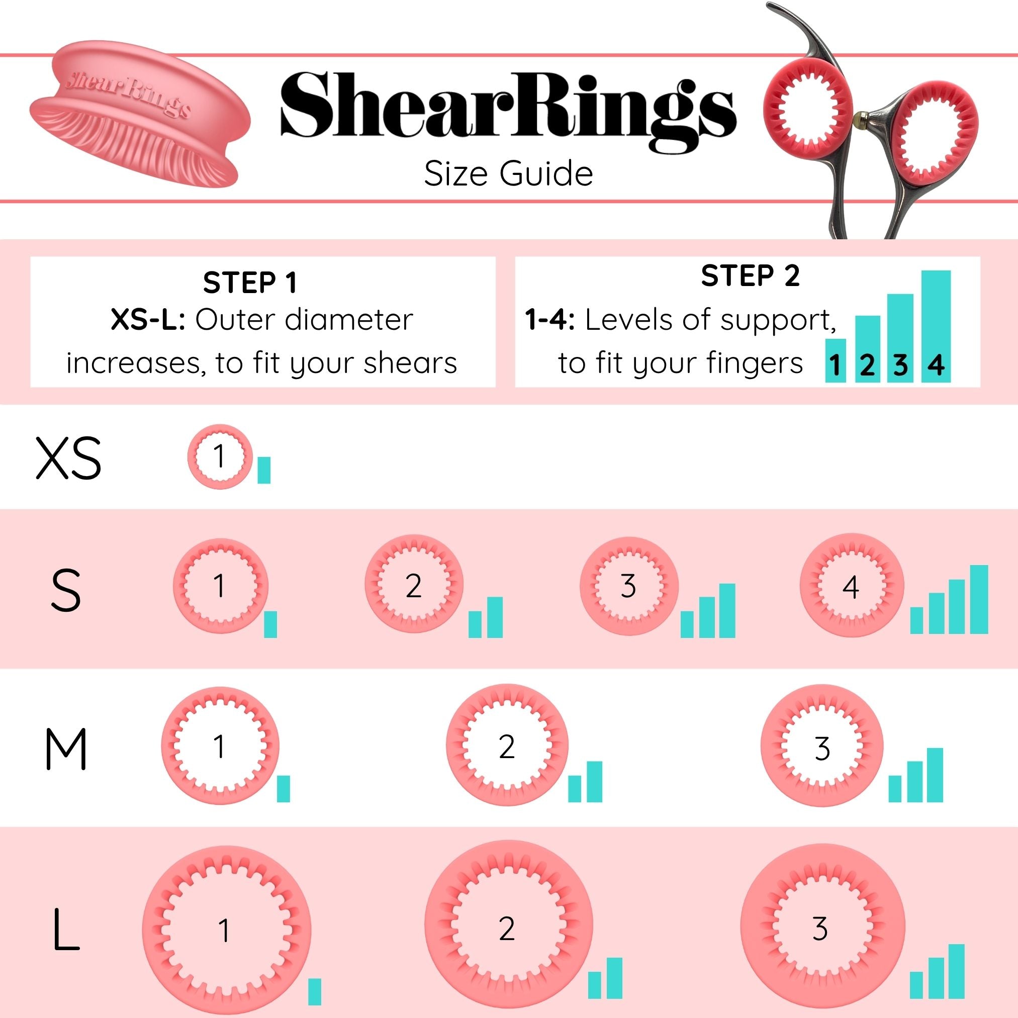 ShearRings size guide with step-by-step instructions on how to choose the correct size for shears and finger support.